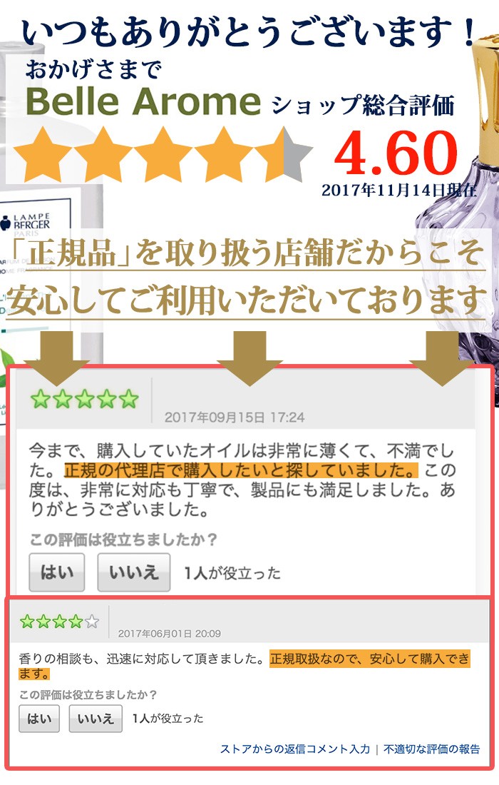 ありがとうございます！おかげさまでBelleAromeショップ総合評価4.6頂いております！