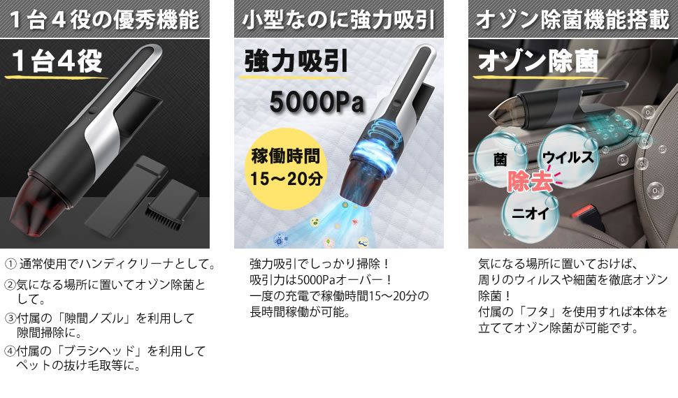 ハンディクリーナー オゾン除菌 2in1 強力吸引力 コードレス ハンディ掃除機 軽量 充電式 コンパクト 小型掃除機 紙パック不要 5000Pa  車用 ウイルス除去 :belle0085:ベルクレール - 通販 - Yahoo!ショッピング