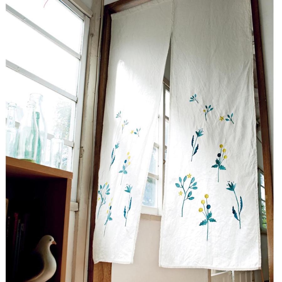 素晴らしい素晴らしいカーテン 安い おしゃれ のれん カフェカーテン ベルメゾン フレンチリネンのれん 植物刺繍 約85×150 のれん 