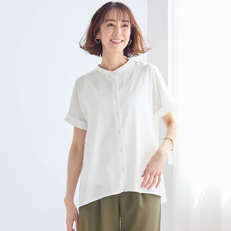 シャツ レディース トップス 半袖 夏 スタンドネック ノーカラー バンドカラー シワになりにくい 形態安定 洗える Aライン ストレッチ S M L LL 3L ベルメゾン シャツ レディース トップス 半袖 夏 スタンドネック