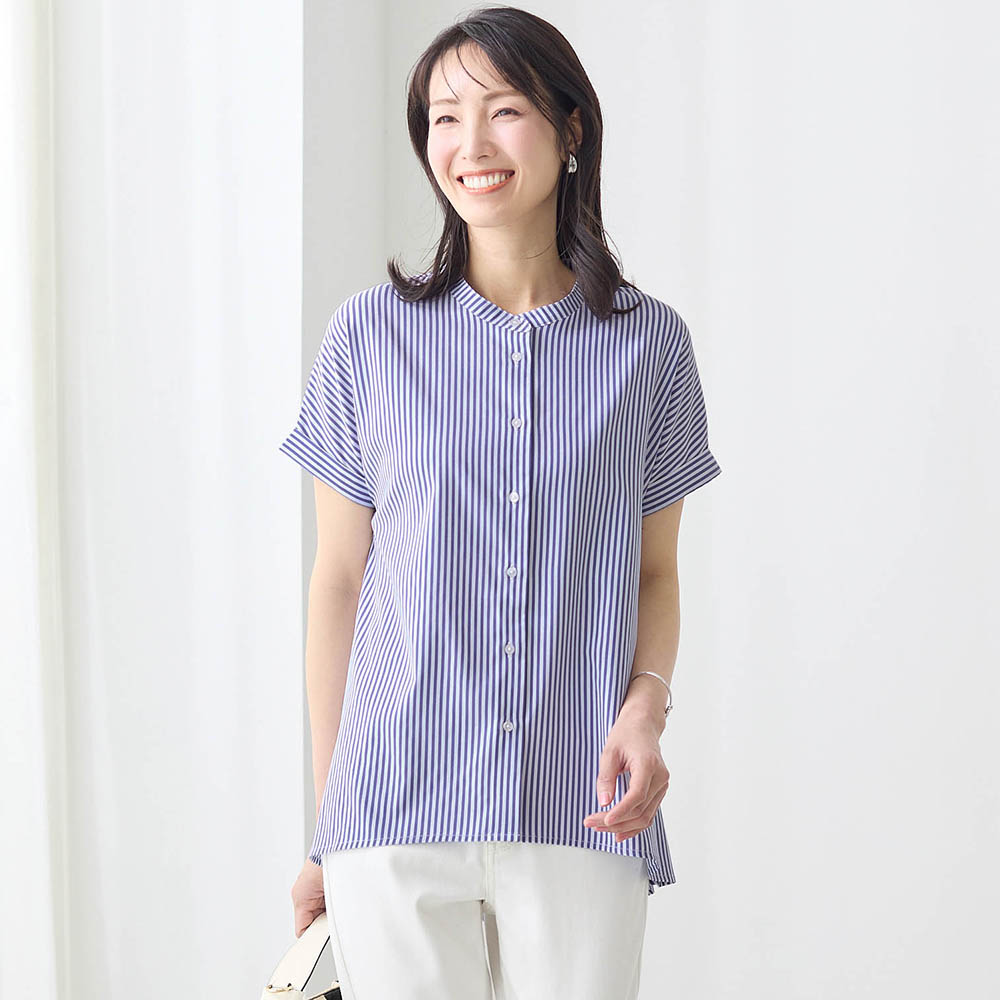 ベルメゾン シャツ レディース トップス 半袖 夏 スタンドネック