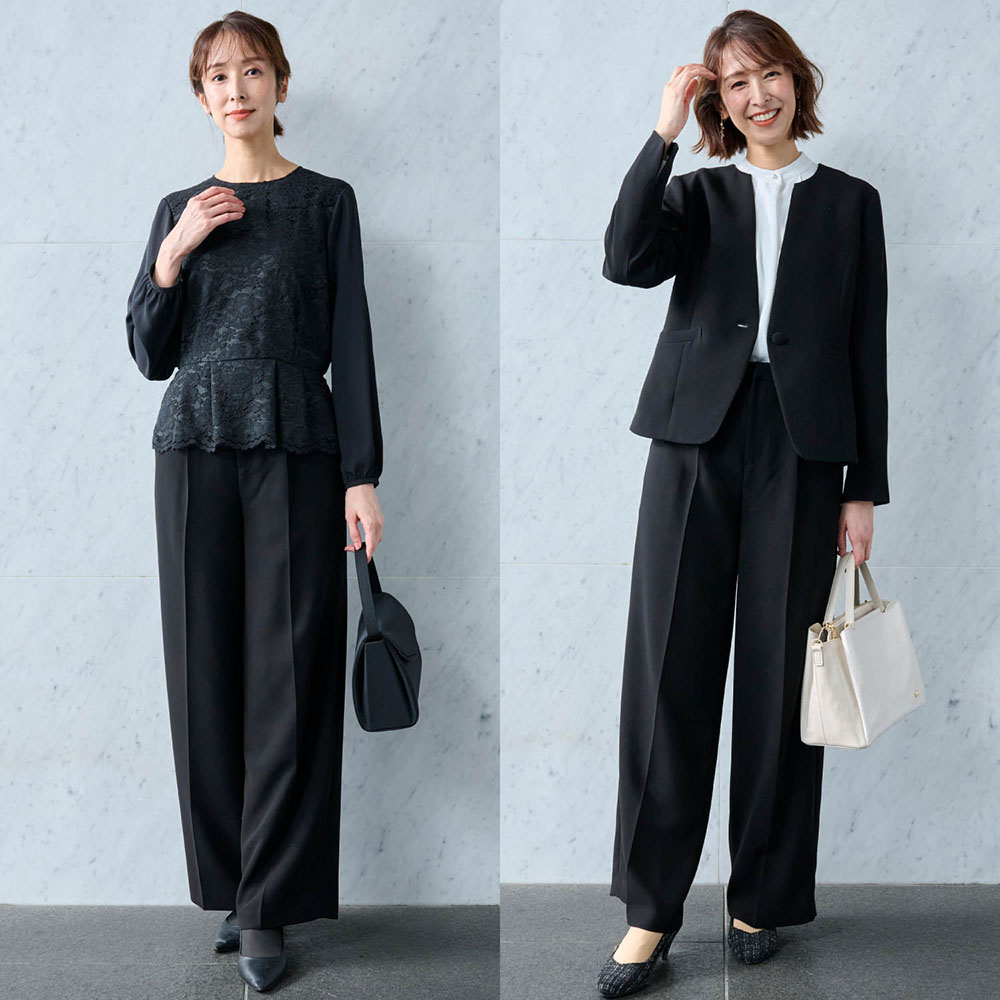 喪服 レディース 卒業式 母 服装 ブラックフォーマル スーツ 礼服 セレモニースーツ 入学式 ママ 4点セット ジャケット ブラウス パンツ 冠婚葬祭 シンプル スタイルノート 喪服 レディース 卒業式 母 服装 ブラック
