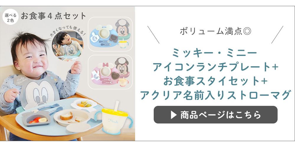 ミッキー・ミニー アイコンランチプレート+お食事スタイセット+アクリア名前入りストローマグ