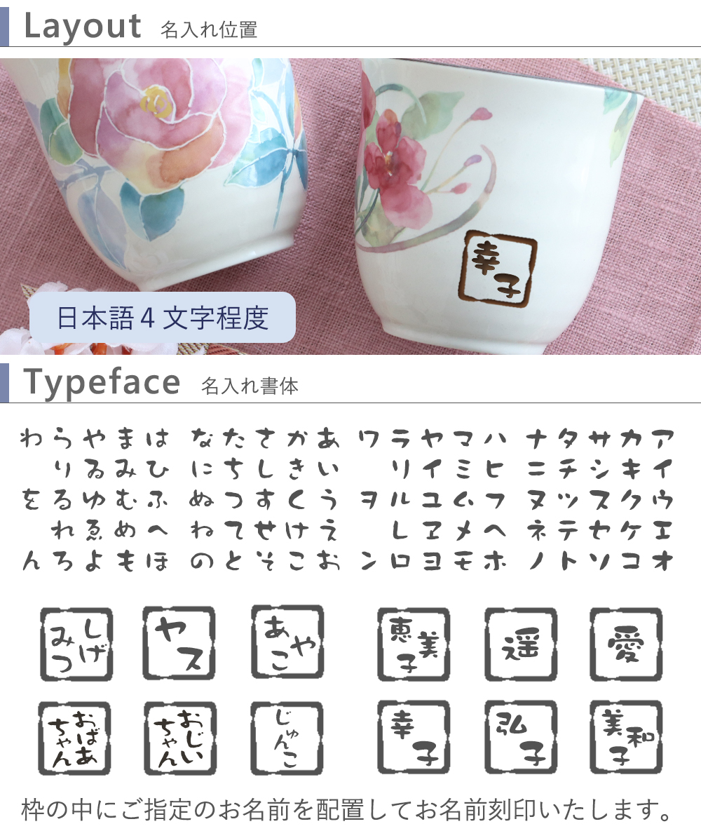 名入れ湯呑み 花物語 (はなものがたり) 誕生日 還暦 退職 定年 送別会 お祝い 母の日 敬老の日 花柄 季節 花言葉 名前入り プレゼント 関連画像2