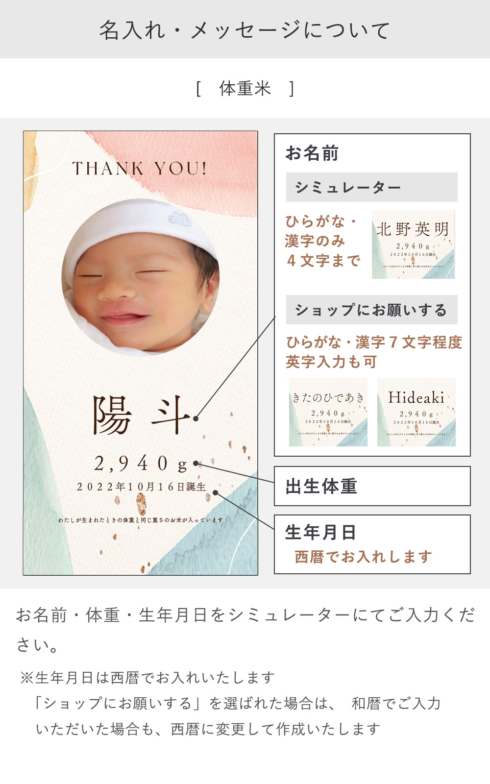 名入れ・メッセージについて　体重米