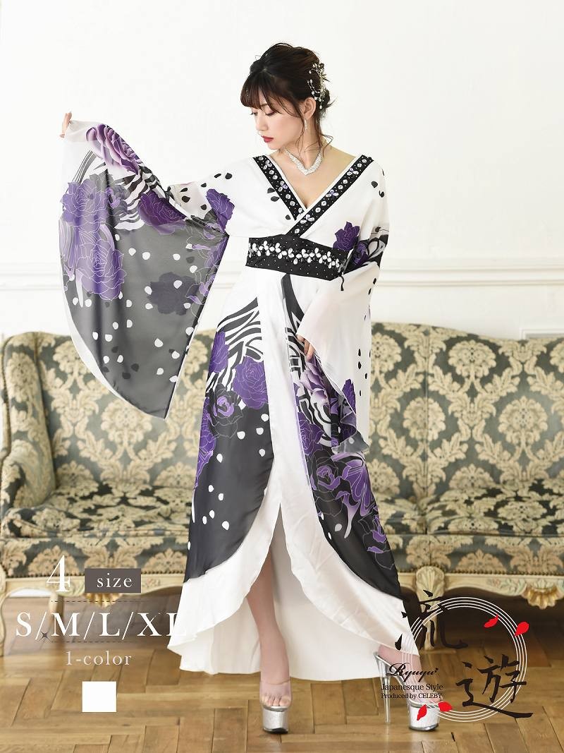 花魁 コスプレ 衣装 和柄ドレス コンパニオン 衣装 着物 ドレス 流遊 中ミニ 紫 白 シフォン