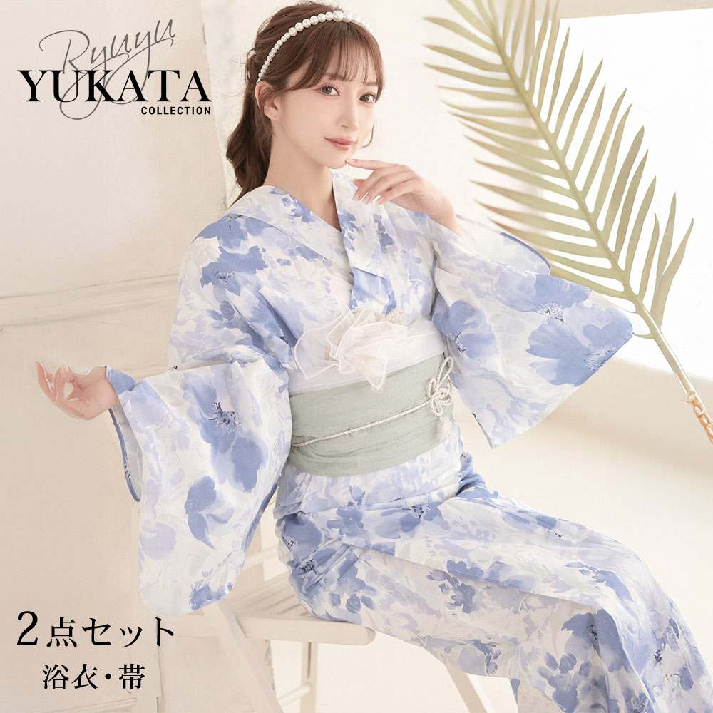 浴衣 青 白 花柄（レディースファッション） | ファッション の