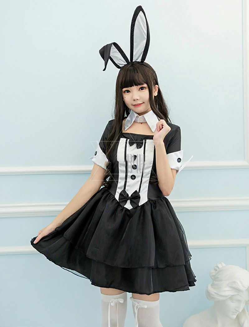 かわいいうさぎ耳カチューシャ付きひざ丈ワンピース普段着にもメイド風コーデにも うさ耳メイドワンピース エプロンとカチューシャ付 – ロリータ
