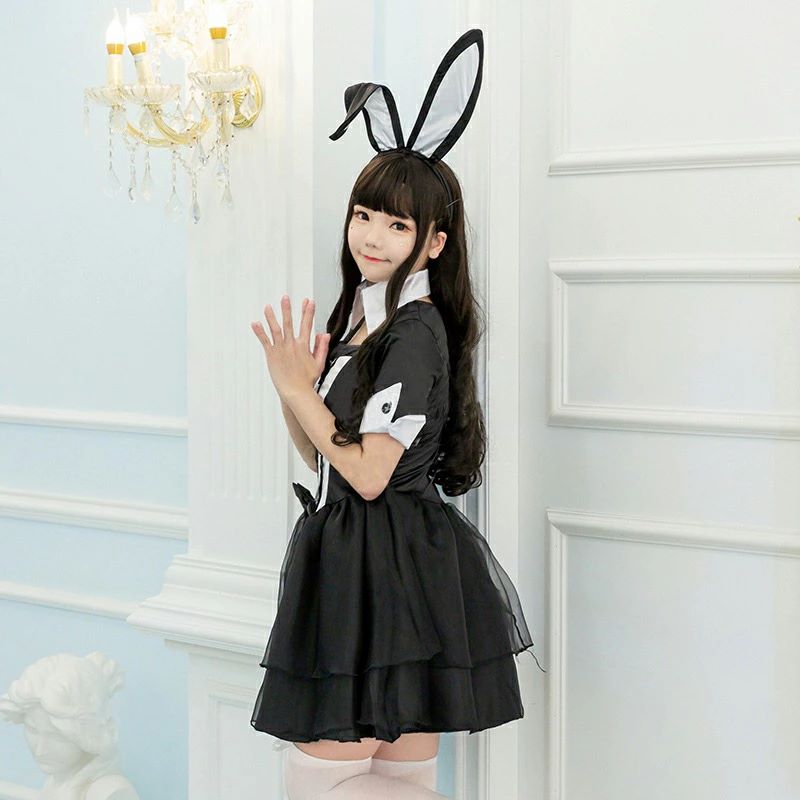 ハロウィン コスプレ メイド服 ウサギ耳 バニー 黒 ピンク