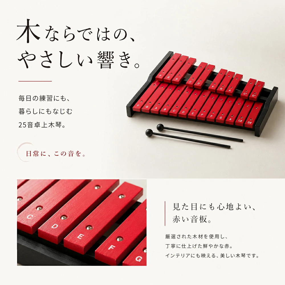 木琴 25音 卓上木琴 天然木 木製 シロフォン 収納ケース付き お手入れ
