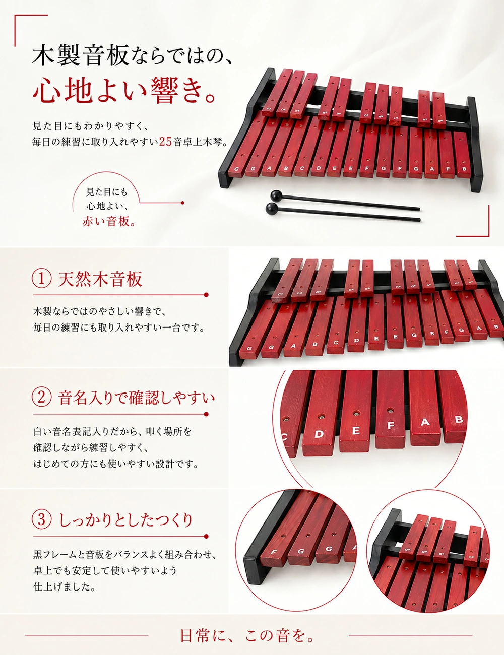 木琴 25音 卓上木琴 天然木 木製 シロフォン 収納ケース付き お手入れ