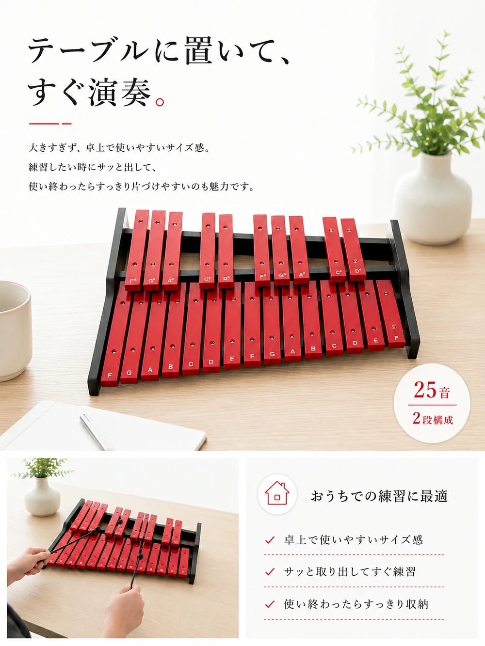 木琴 25音 卓上木琴 天然木 木製 シロフォン 収納ケース付き お手入れ