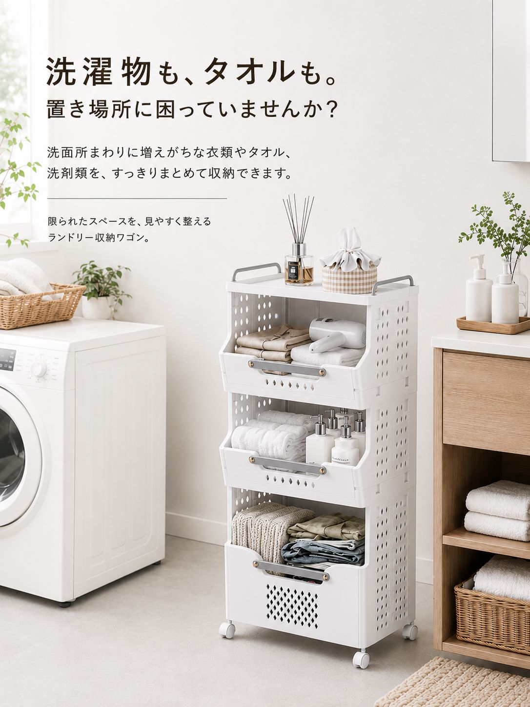 【新品】ワイド　ランドリーチェスト　ワゴン　バスケット4個　アウトレット rackz-77-002.jpg