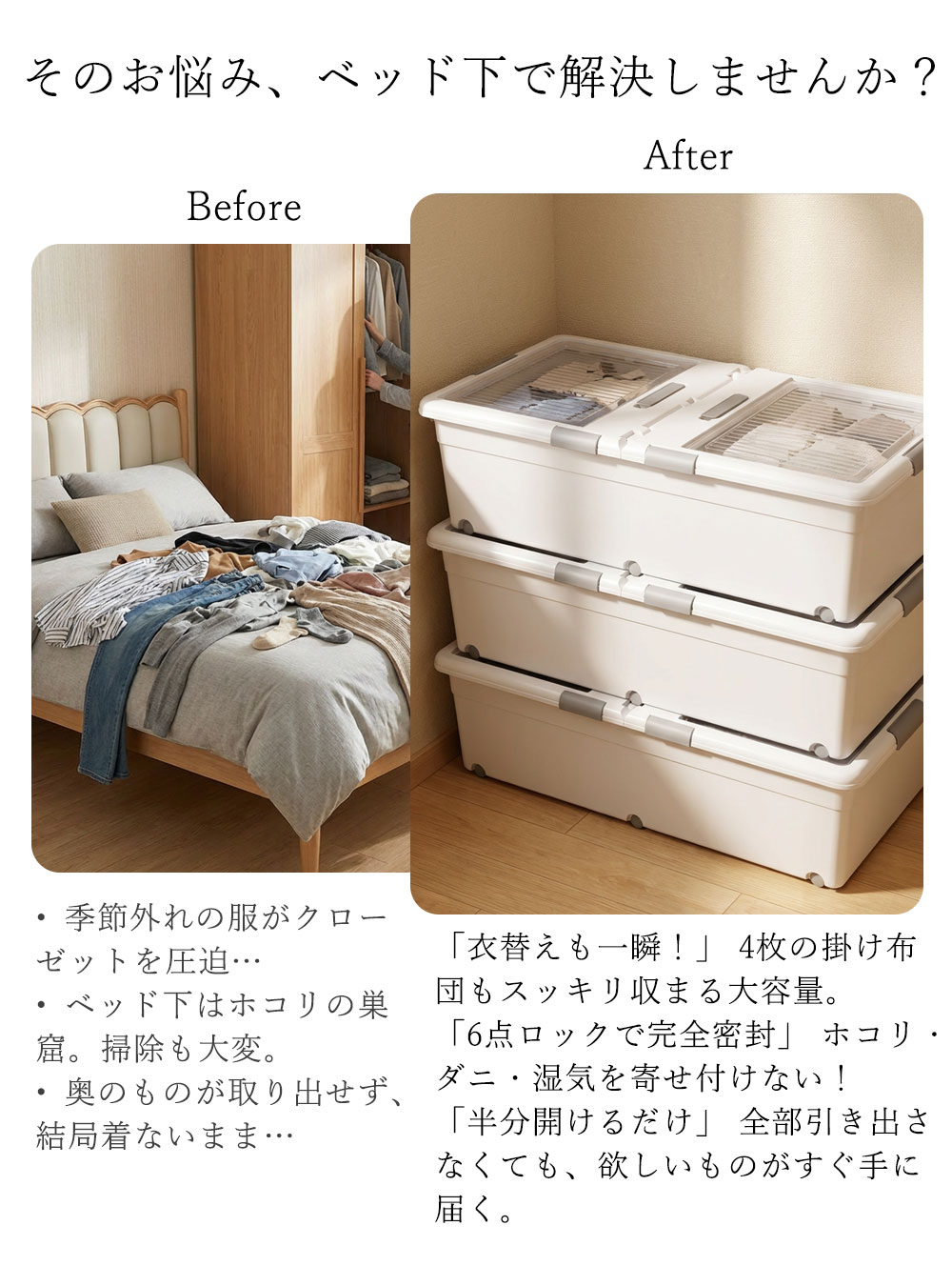 ベッド下収納ボックス 透明蓋付き 引き出し式 キャスター付き 収納