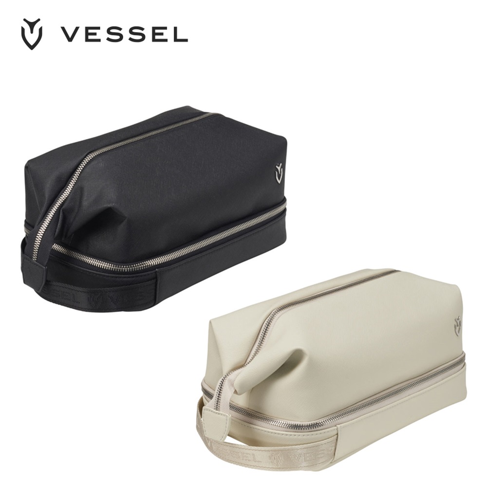 VESSEL ベゼル メンズ ゴルフ ポーチ SKYLINE LUX Toiletry 24SS エンボス加工 ２段式トラベルポーチ 合成皮革 ブラック ナチュラル｜bespo