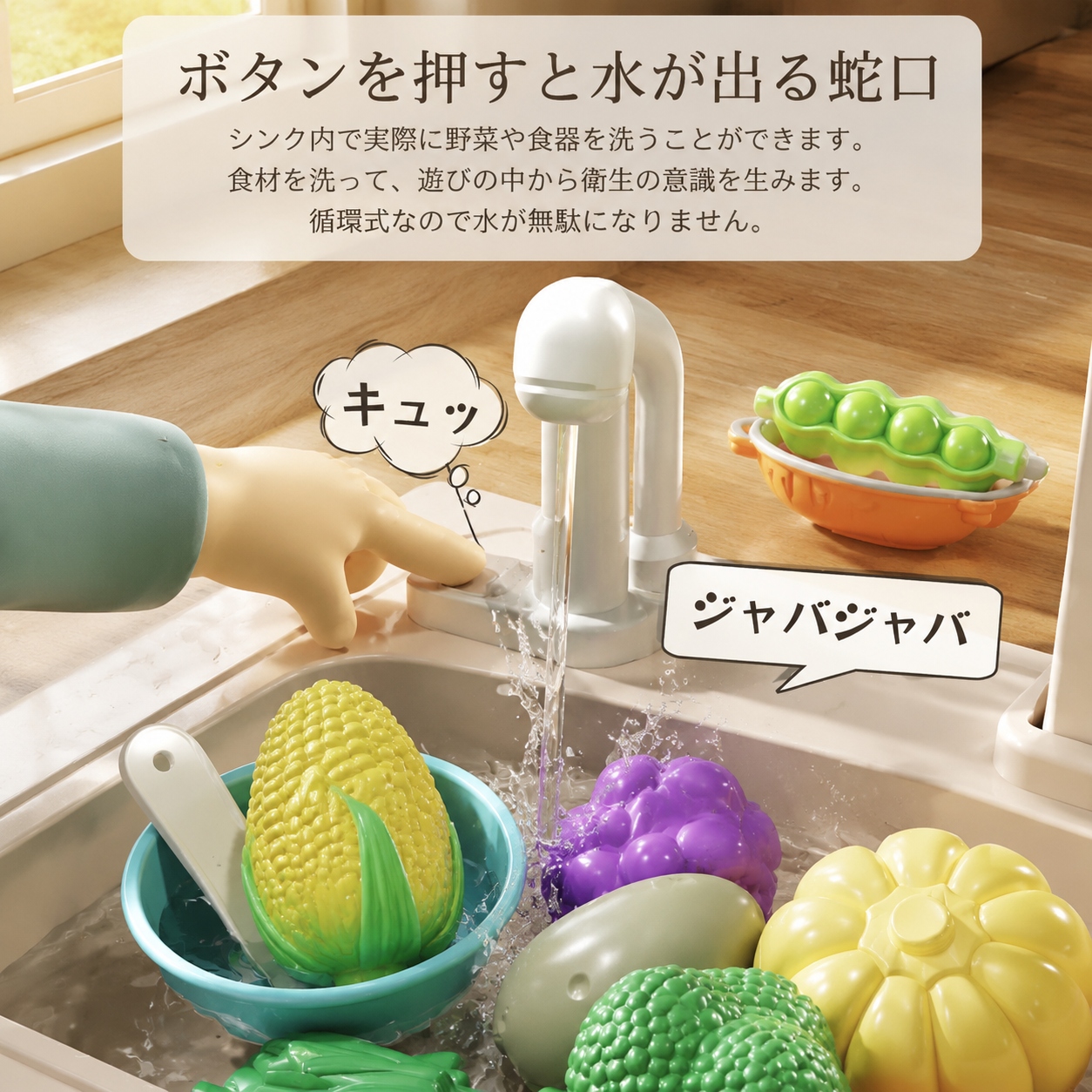おままごと キッチン おままごとセット プラスチック ままごとキッチンセット おもちゃ ままごとごっこ遊び 食材 野菜 蛇口 調理器具 食器 なべ 鍋 フライパンの画像