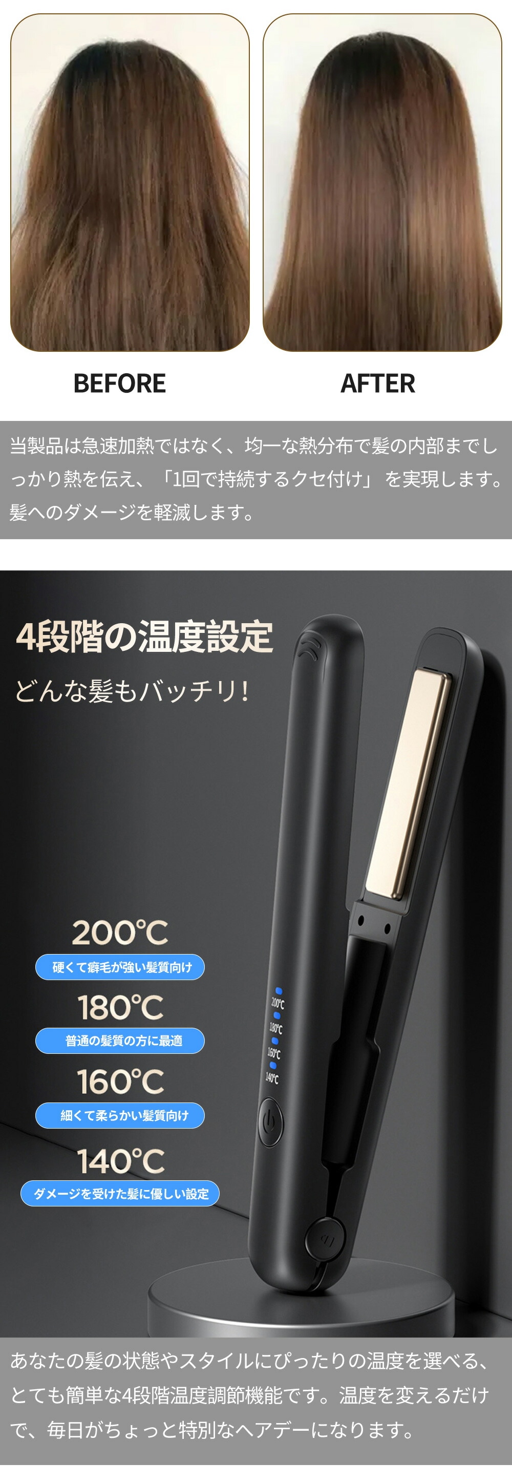 ヘアアイロン コードレス ミニ コンパクト 持ち運び 小型 前髪 140~200
