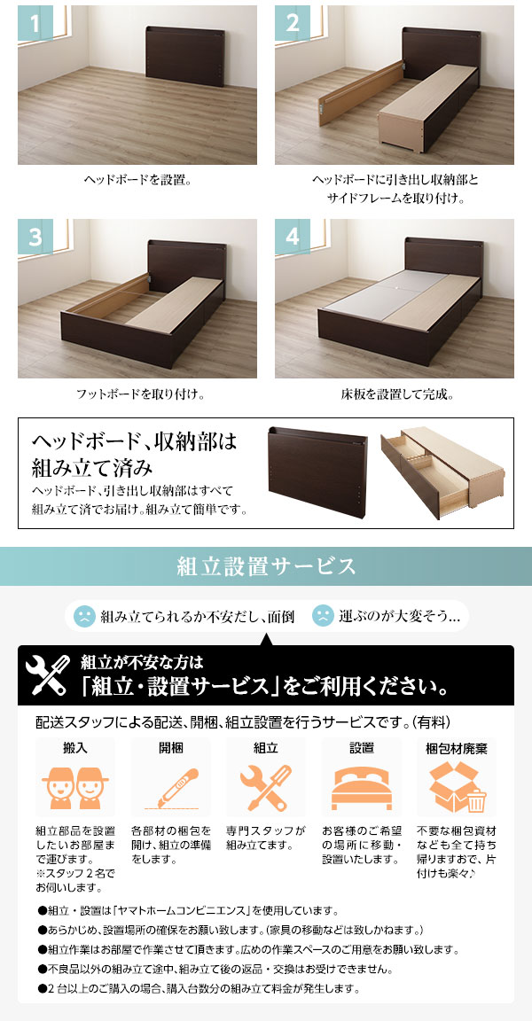 〔組立設置サービス付き〕薄型宮付き 頑丈ボックス収納 ベッド シングル フレームのみ 引き出し2杯 日本製 送料無料