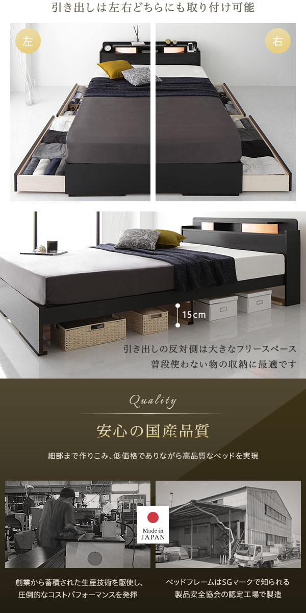 ベッド ダブル ベッドフレームのみ 収納ベッド ヘッドボード付き 宮