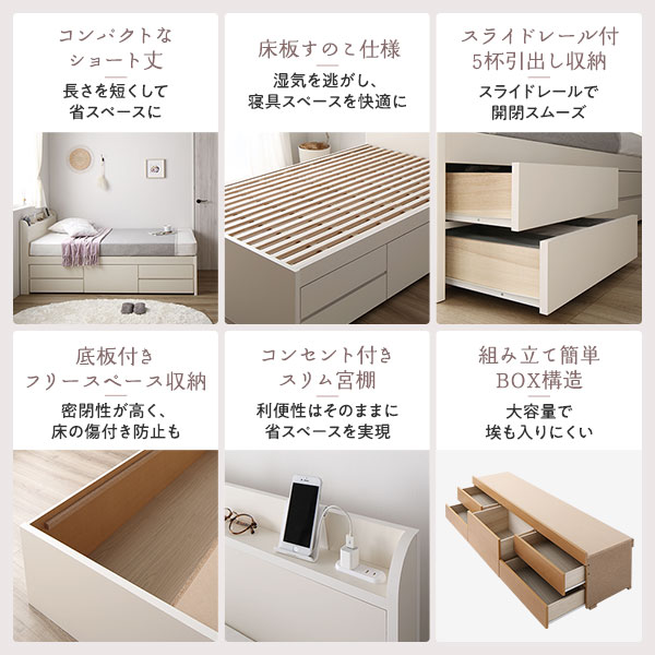 お客様組み立て〕 収納 ベッド 宮付き ショート丈 シングル 日本製薄型