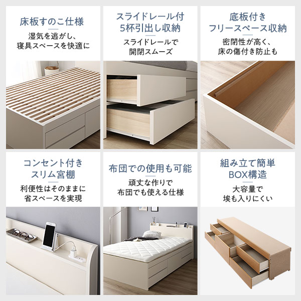 お客様組み立て 収納 ベッド チェストベッド 宮付き 通常丈 シングル フレームのみ 棚付き コンセント付き すのこ シングルベッド 日本製 送料無料