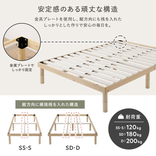 【ダブルベッド】高さ調整可能 天然木すのこベッド 『NOORA ノーラ』ブラック 高さ調整可能 天然木すのこベッド 『NOORA ノーラ』/3段階で高さ