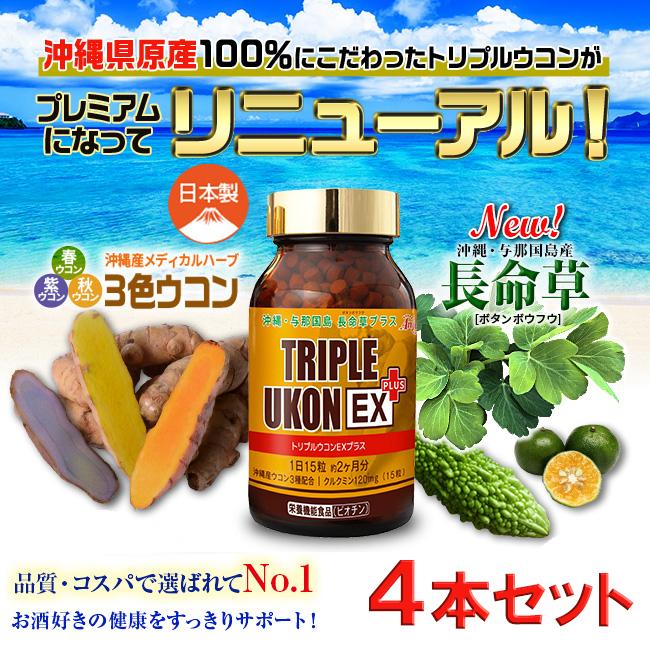 ウコン 沖縄産 トリプル ウコン EX プラス 4本セット 粒 NEW リニューアル クルクミン 120mg 沖縄ウコン 長命草  春ウコン メディカルハーブ 肝機能 美肌