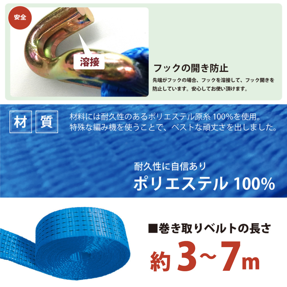 2本セット ラッシングベルト 50mm ブルー Jフック 固定側1m 巻側5m