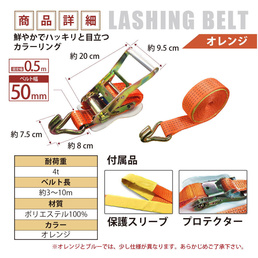 ラッシングベルト 50mm Jフック 10本 固定側0.5m 巻側10m 荷締機