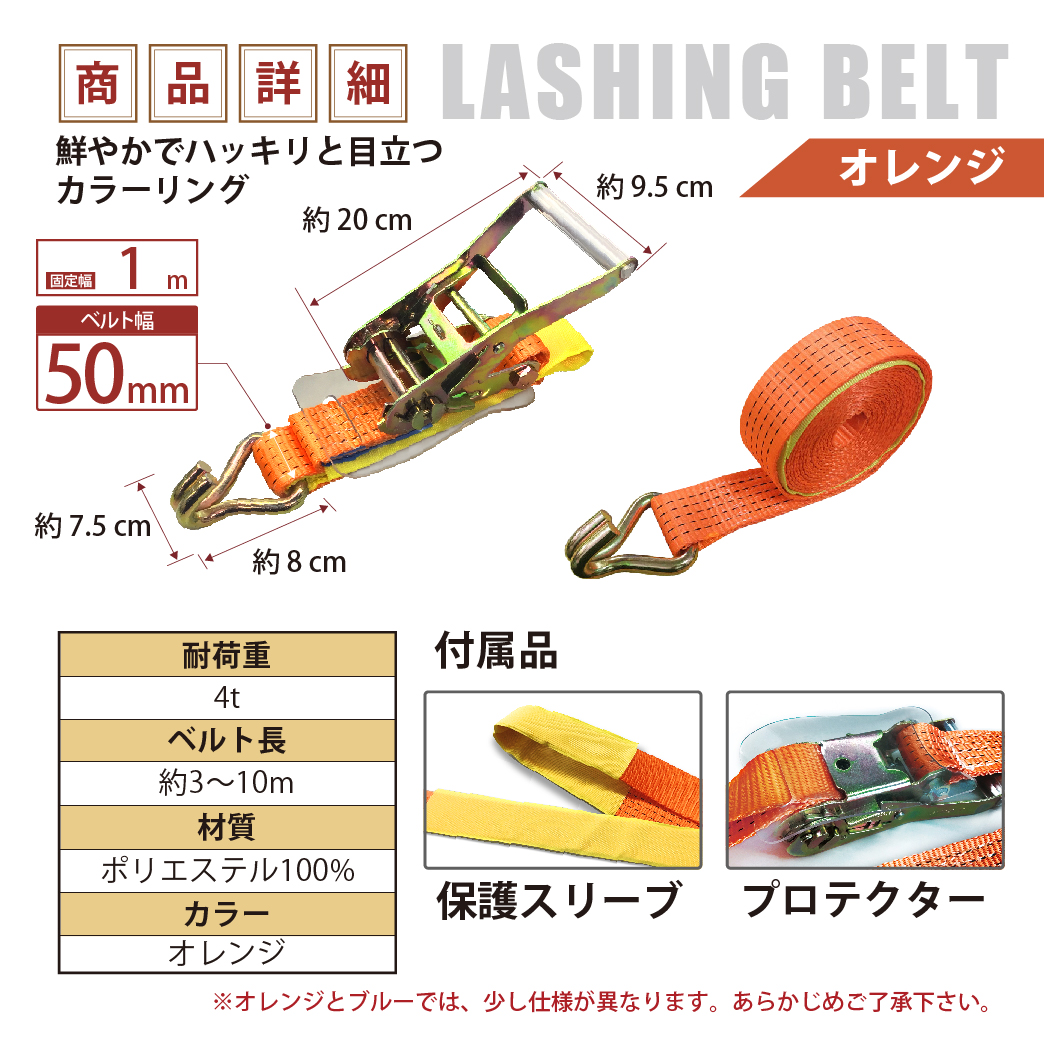 ラッシングベルト 50mm Jフック 10本 固定側1m 巻側5m 荷締機