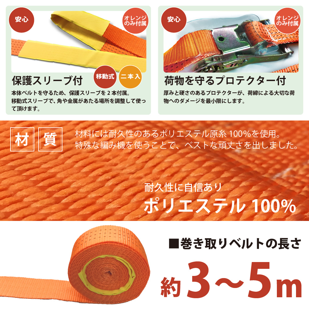 10本セット ラッシングベルト 50mm レール 固定側0.5m 巻側5m
