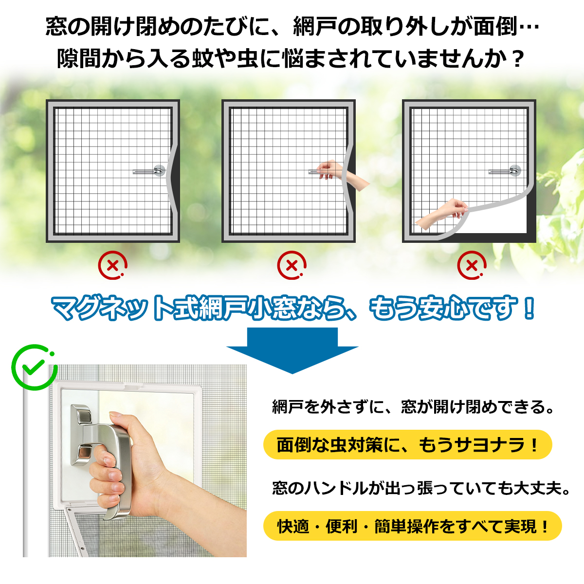 簡易網戸 網戸用網戸小窓 窓のハンドル対応 網...の詳細画像2