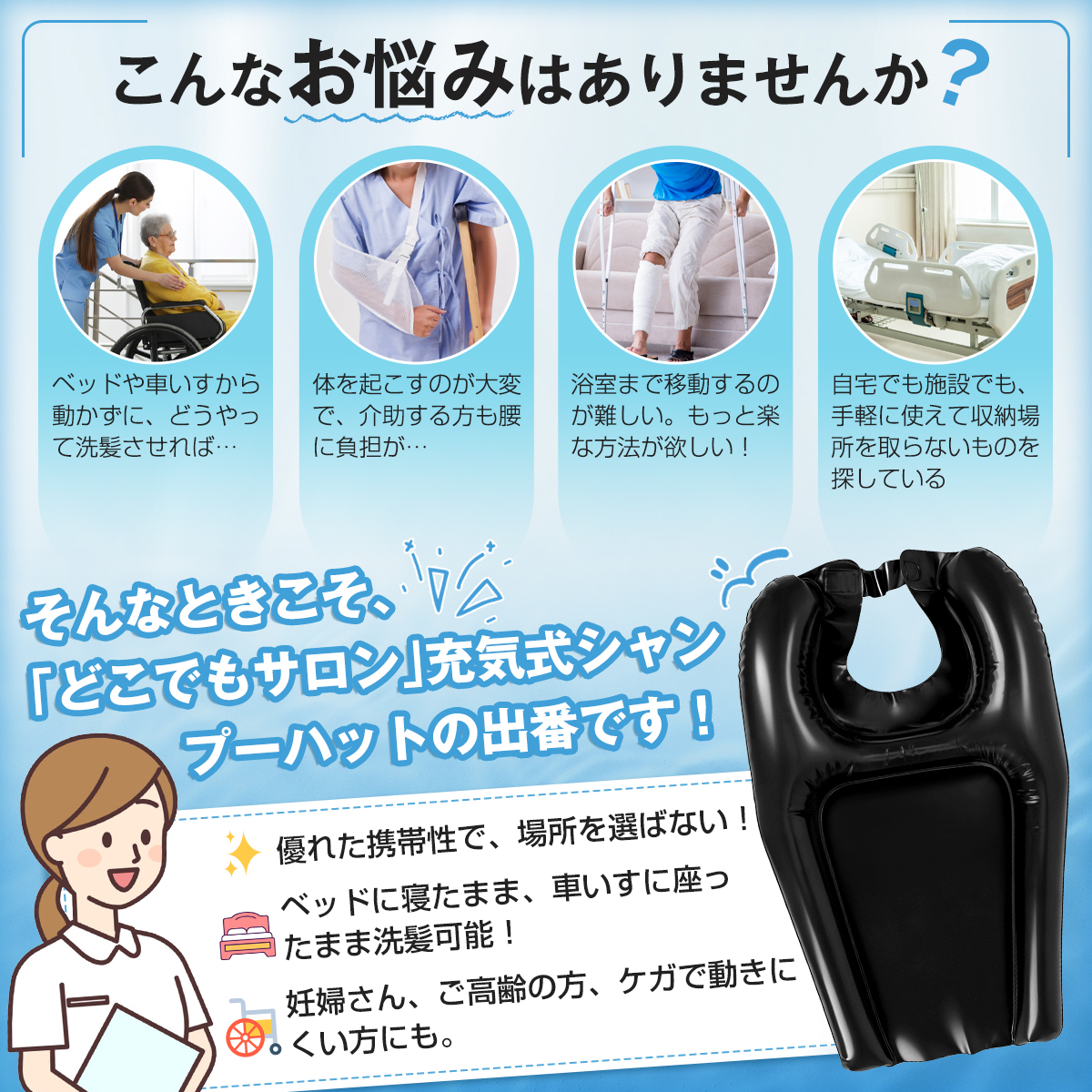 介護用 シャンプーハット 充気式 折り畳み 携帯便利 マジックテープ式 サイズ調整可能 首周りフィット エアクッション 洗髪 美容グッズ 入院 髪 洗う 介護用品 関連画像1