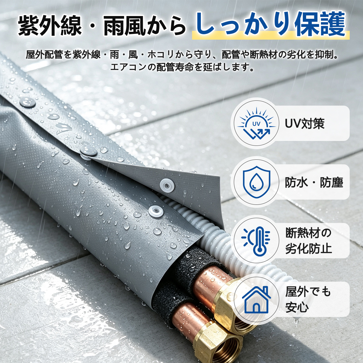 エアコンホースカバー エアコン配管カバー 内径約57mm × 長さ1m 室外機配管カバー ダクトカバー 配管保護 工具不要 難燃PVC 防水防塵 紫外線対策 劣化防止 耐熱 関連画像3