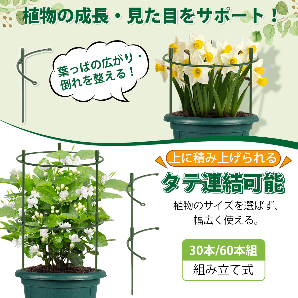 支柱 園芸 組立式 手袋付 連結式 植物支柱 園芸用 30組本組 60組本組 調整可能 観葉植物 園芸 ガーデニング 植物固定 支柱セット(グリーン) 関連画像1