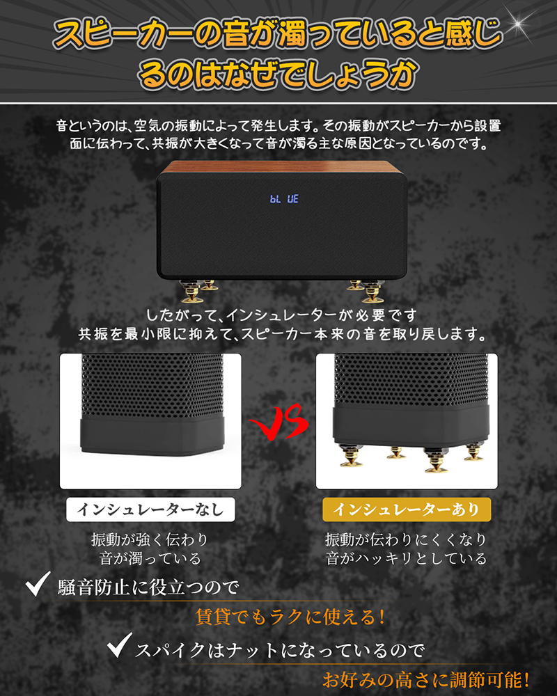 インシュレーター スピーカー スパイク 金属製 8個セット スピーカー オーディオ音質改善 高さ調整可能 両面テープ8枚付き スピーカー 金属製 スパイクスタンド｜bestday｜07