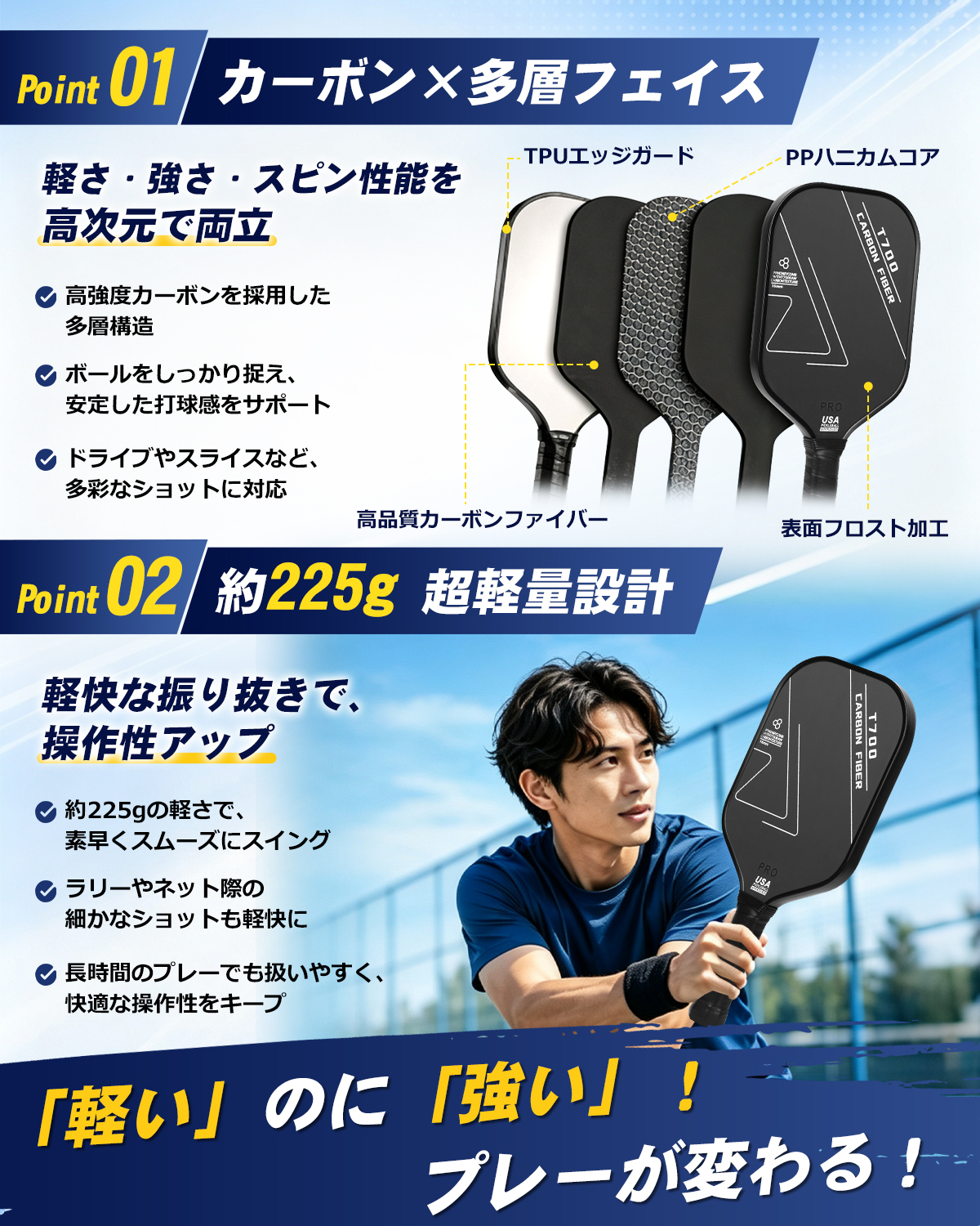 【特典付きO】ピックルボール パドル 2本セット カーボンファイバー 16mm厚 225g 超軽量 ピックルボールラケット ボール4個 交換用グリップテープ4本 収納バッグ 関連画像4