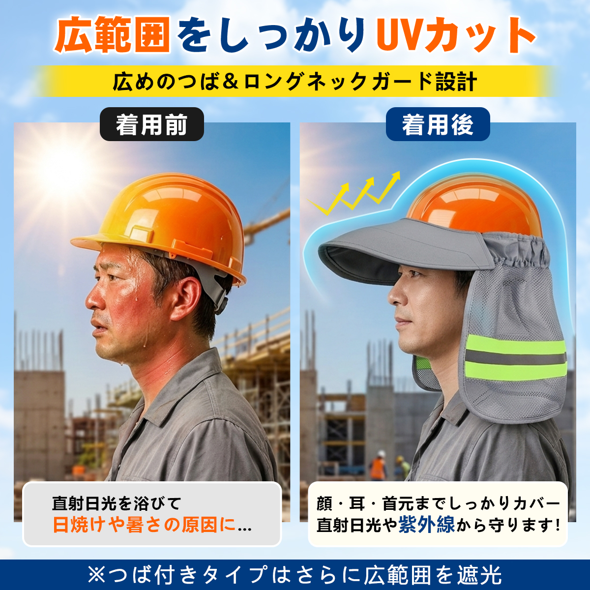 ヘルメット用サンシェード 日よけカバー UVカット メッシュ 通気性 軽量 熱中症対策 ネックガード 反射テープ付き ゴムバンド簡単装着 作業用ヘルメット対応 関連画像3