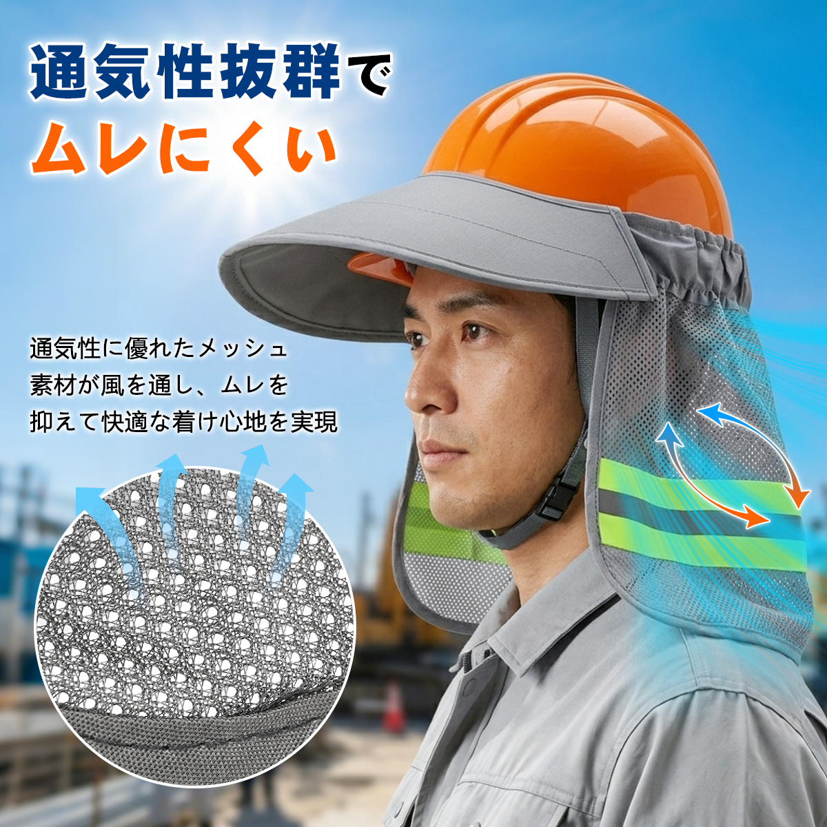 ヘルメット用サンシェード 日よけカバー UVカット メッシュ 通気性 軽量 熱中症対策 ネックガード 反射テープ付き ゴムバンド簡単装着 作業用ヘルメット対応 関連画像4