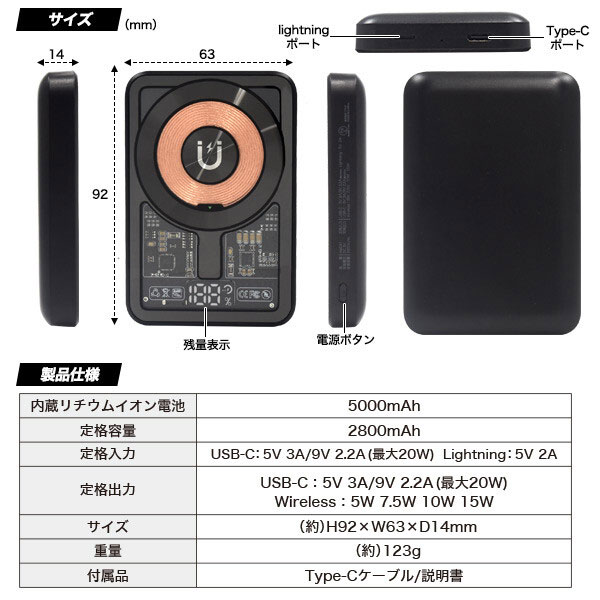 MagSafe対応 ワイヤレス モバイルバッテリー 5000mAh 15W iPhone14 13