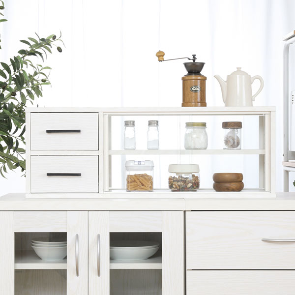 カウンター上収納 食器棚 幅80cm ラック ガラス扉 引き出し ロータイプ