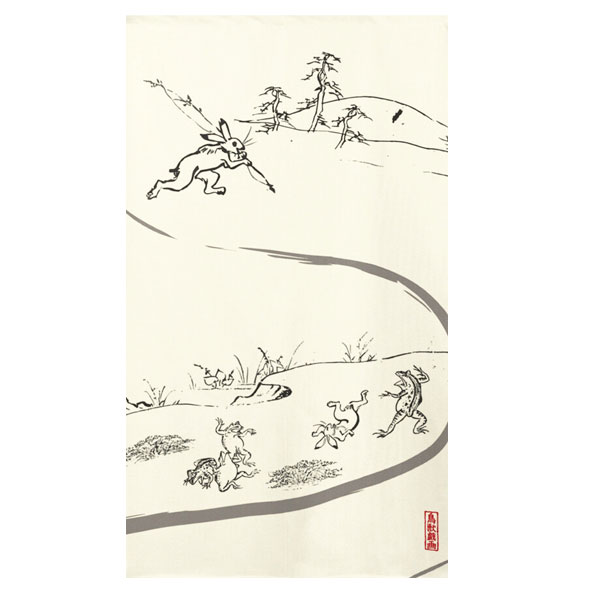 鳥獣戯画　のれん　　新品 のれん 暖簾 鳥獣戯画 線運び 85X150cm 和風のれん 目隠し 店舗 施設