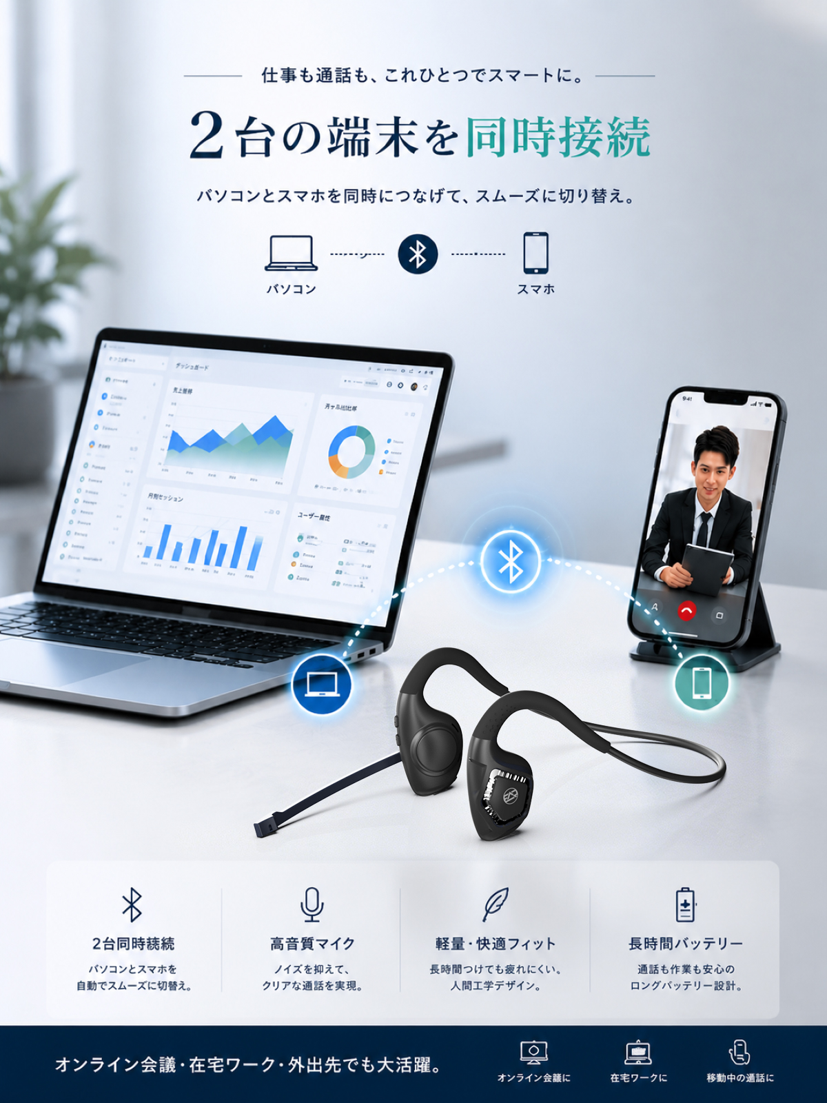 bluetooth ヘッドセット ワイヤレス イヤホン マイク付き