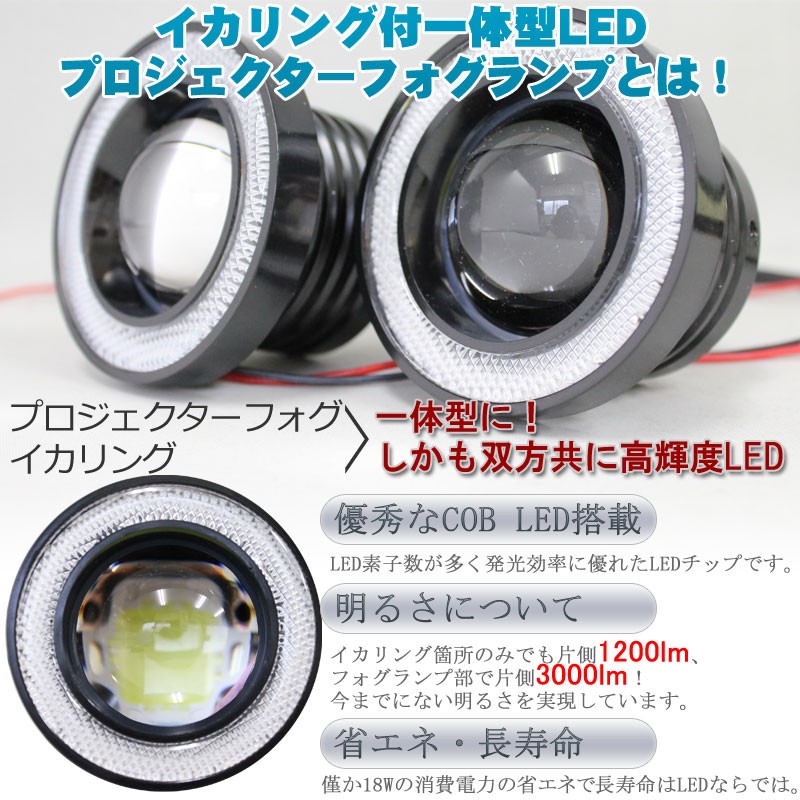 一体型LED 青イカリング付きプロジェクターフォグランプ 3000lm(左右で