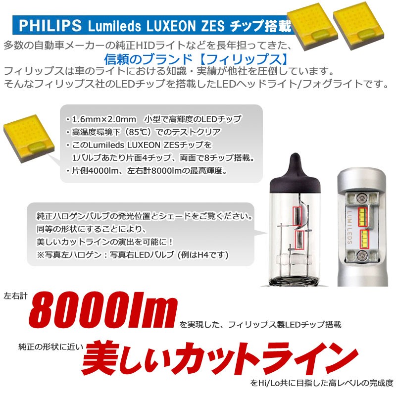 フィリップスLED搭載LEDキット 左右計8000lm H7/H8/H9/H11/HB3/HB4