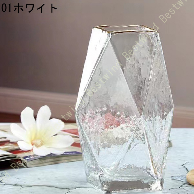 フラワーベース ガラス 北欧 四角 大 花瓶 シンプル モダン 金縁 