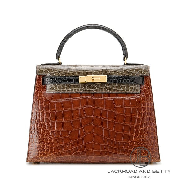 HERMES エルメス ケリー28 外縫い トリコロール アリゲーター ブラウン 