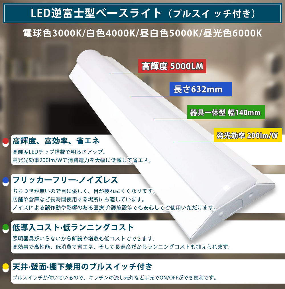 4台セット 逆富士形 直付形 LEDベースライト 直管蛍光灯 5000lm 25w