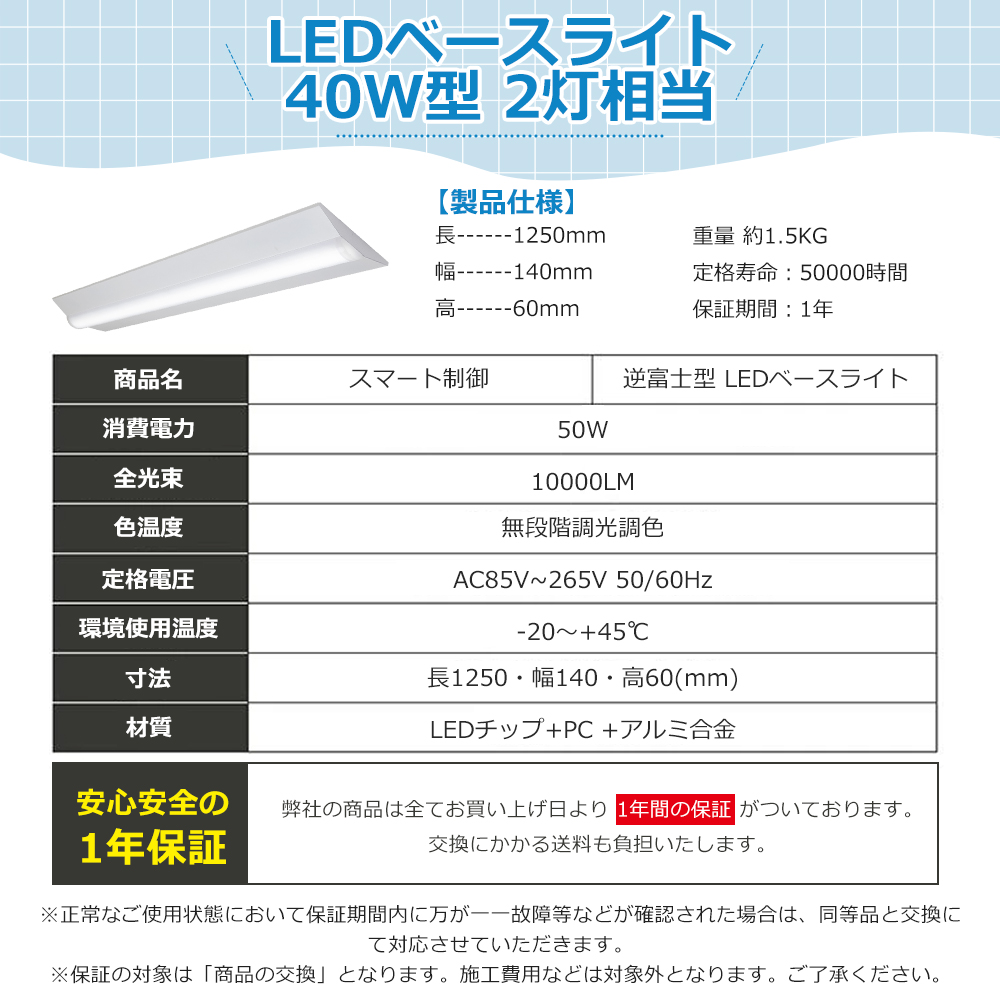 逆富士型蛍光灯 LEDベースライト 器具一体型 40W型2灯相当 10000lm 調