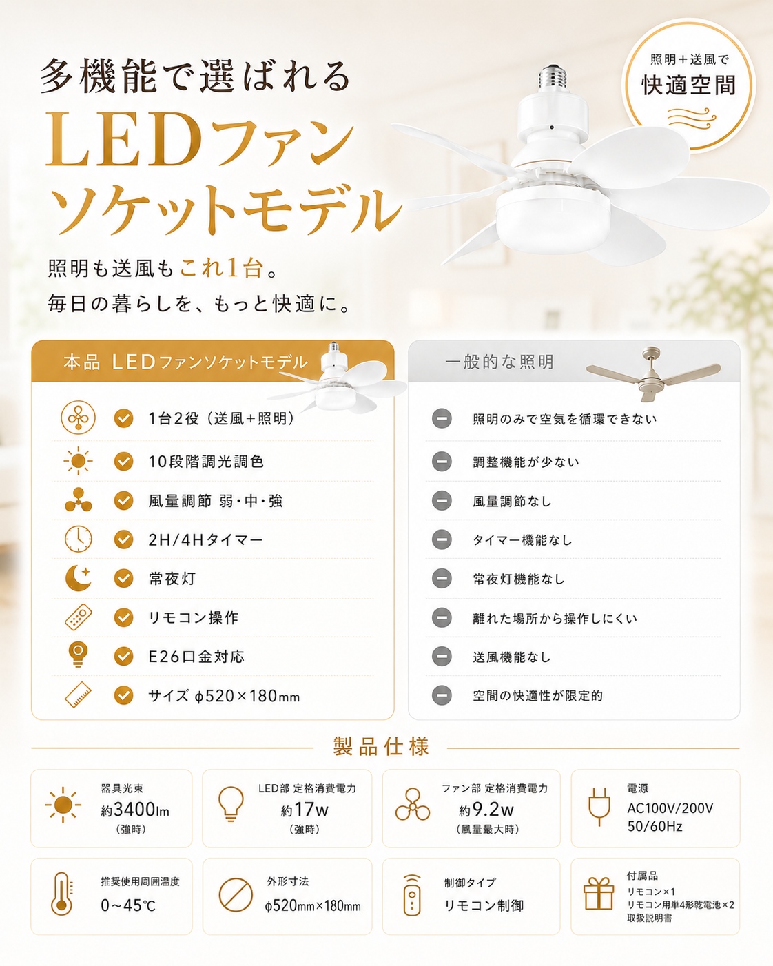 シーリングファンライト 8畳 LED おしゃれ 調光調色 E26口金 リモコン